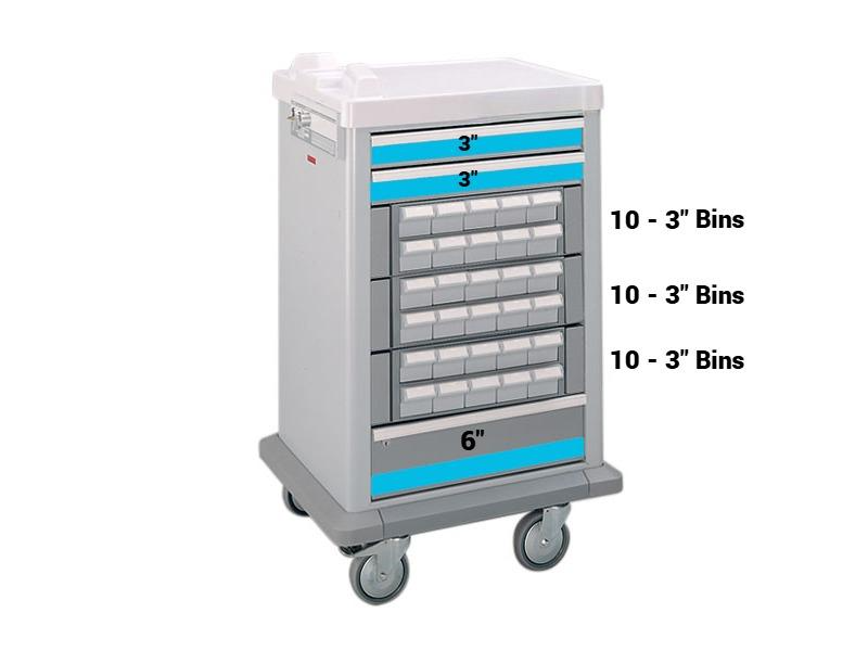 Half Size 30 (3") Bin Medication Cart w/ 3 Drawers & Key Lock