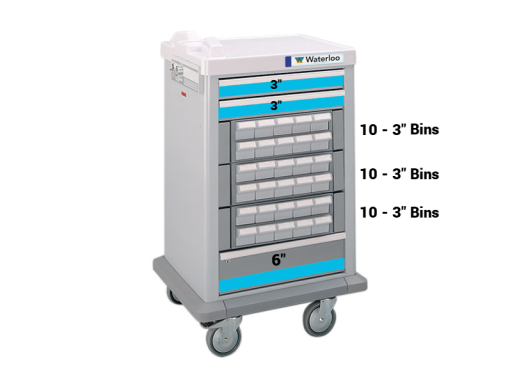 Half Size 30 (3") Bin Medication Cart w/ 3 Drawers & Key Lock
