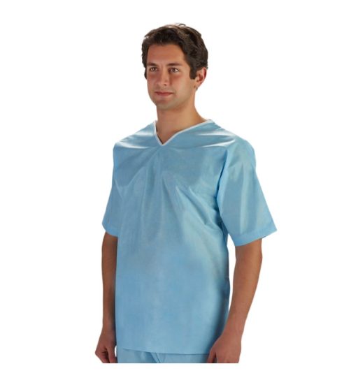 Scrub Top Light Blue Nonwoven V-neck w/White Trim