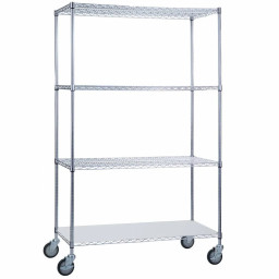 Rolling Wire Shelving Cart w/ 3 Wire & 1 Solid Shelf 18" W