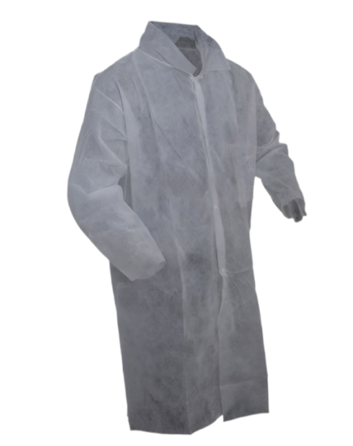 Polypropylene 40gm/wt Lab Coat Frock w/ Pocket & Open Cut Wrists White 50/pc Case