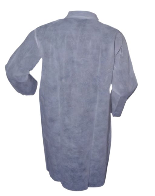 Polypropylene 50gm/wt Lab Coat Frock w/ Pocket & Open Cut Wrists White 50/pc Case - Image 2