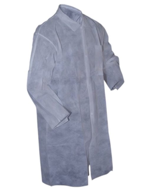 Polypropylene 50gm/wt Lab Coat Frock w/ Pocket & Open Cut Wrists White 50/pc Case