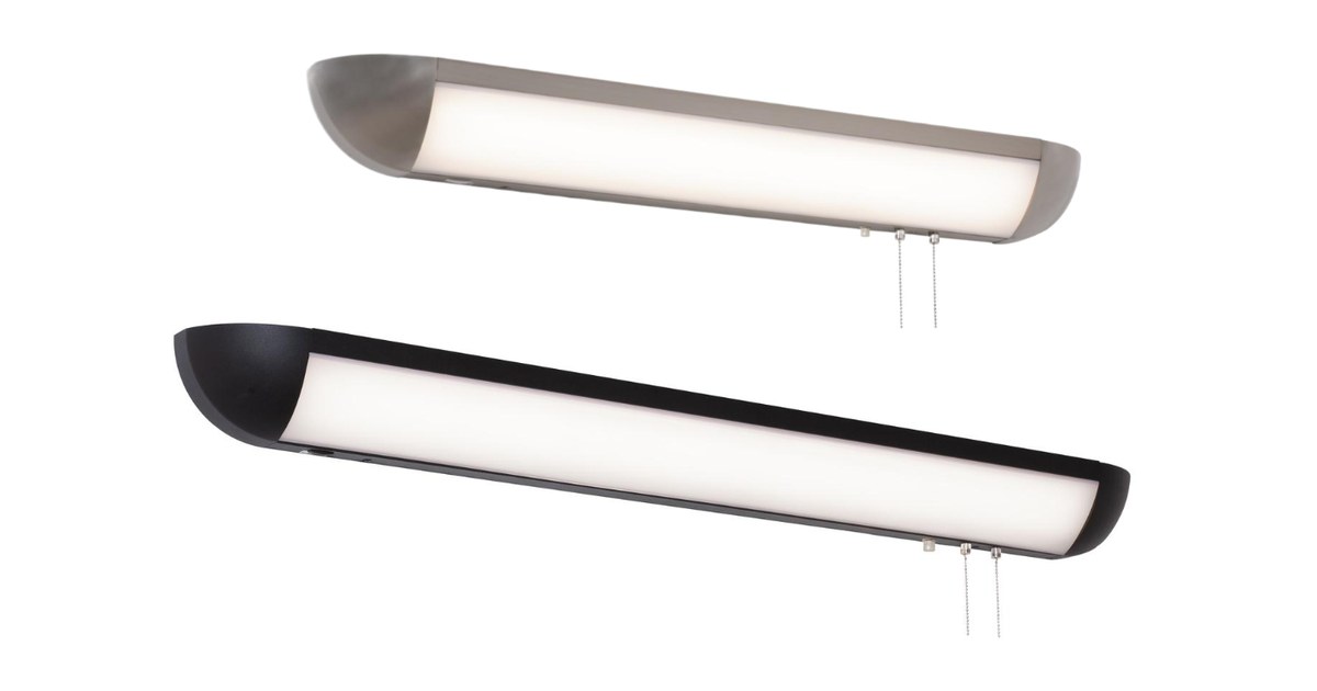 LED overbed hospital lights in brushed and black finishes with pull chain controls